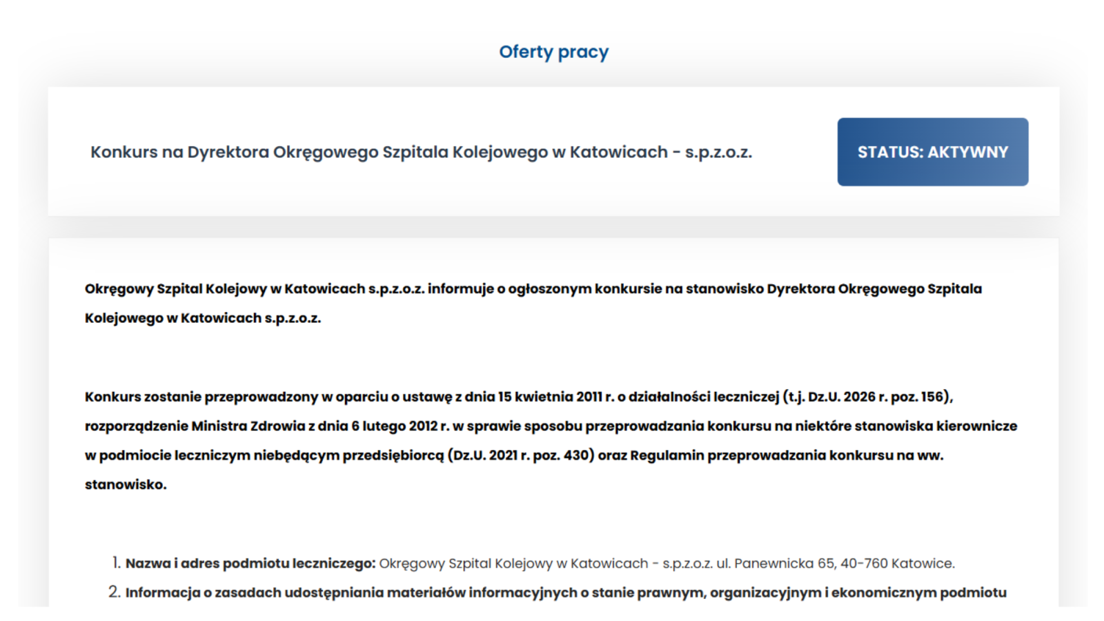 Konkurs na Dyrektora Okręgowego Szpitala Kolejowego w Katowicach