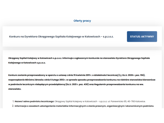 Konkurs na Dyrektora Okręgowego Szpitala Kolejowego w Katowicach