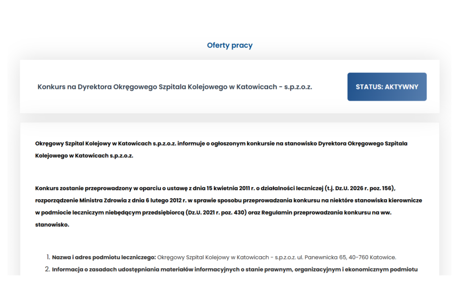 Konkurs na Dyrektora Okręgowego Szpitala Kolejowego w Katowicach